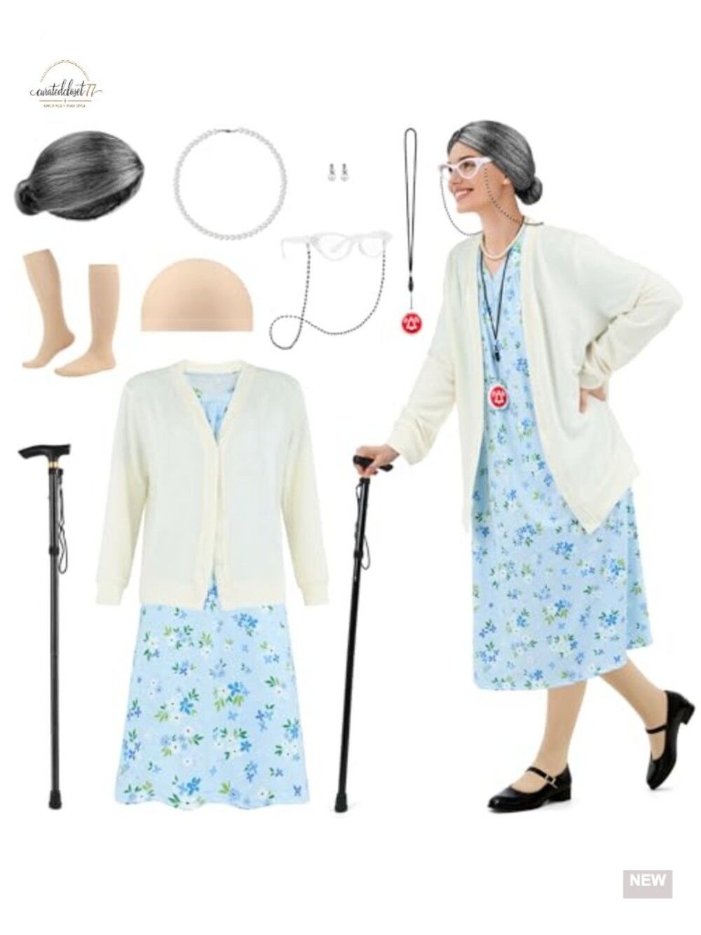 Old Lady Costume Set Grandma Dress Cardigan Wig Cane 8 Pieces
